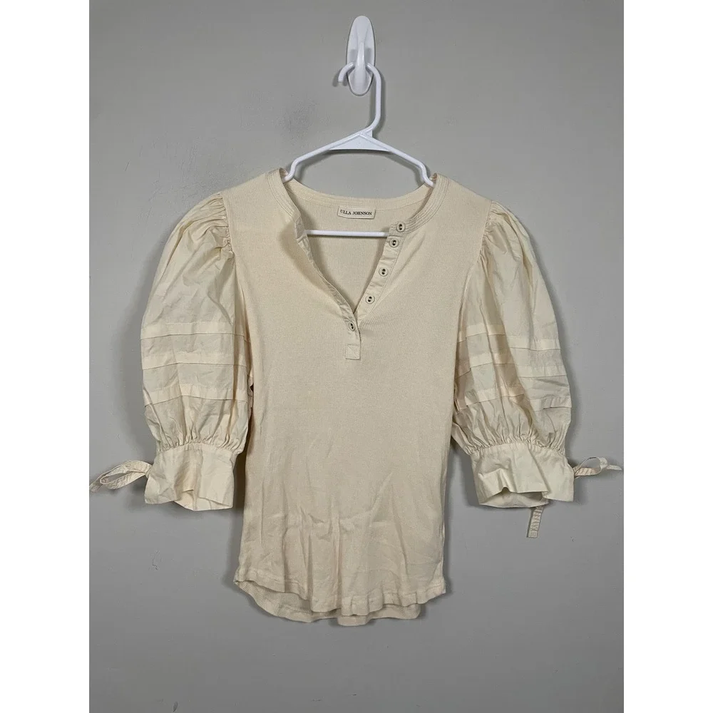 Ulla Johnson Iman Puff Sleeve Top in Cream Size Large Feminine Quiet Luxury